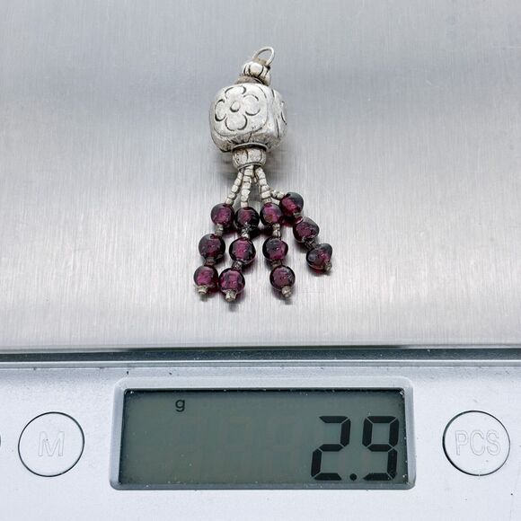 Vintage Silver Tone Garnet Beaded Tassel Pendant - Picture 5 of 5